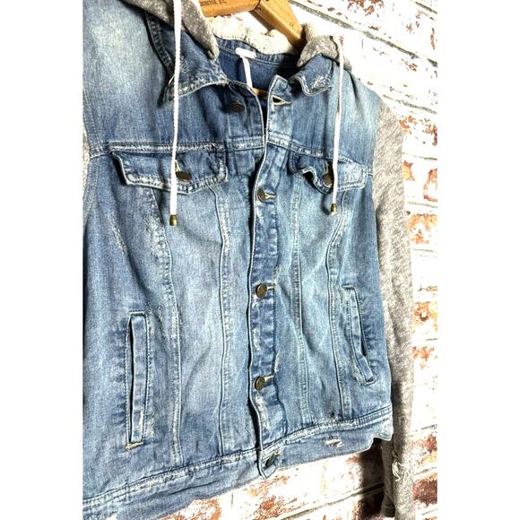 Free People Indie Wash Knit Hood & Sleeve Sweater Pure Cotton Jean Jacket - Picture 9 of 13